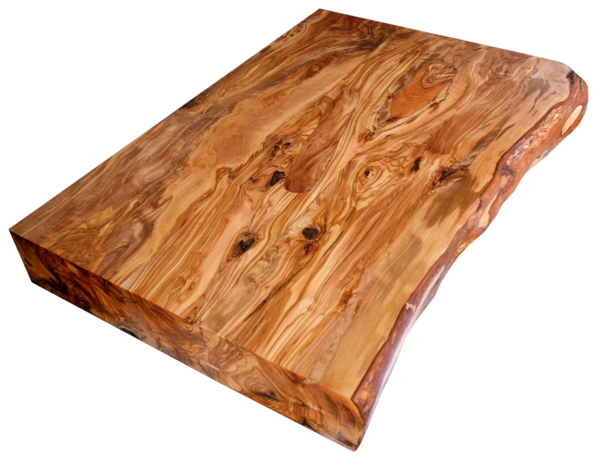 encimera de baño de madera de olivo con canto rústico delantero, los cantos laterales rectos.
