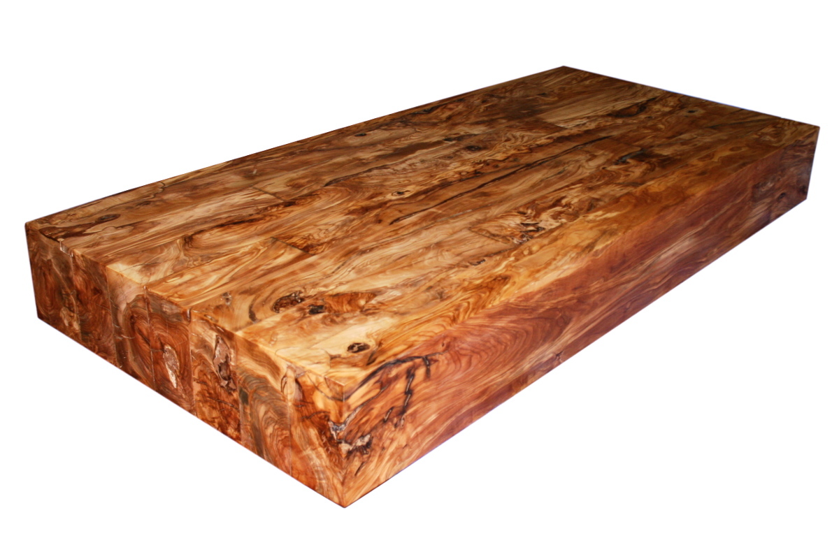 encimera de baño de madera de olivo con canto recto de grosor 15 cm. Encargo especial